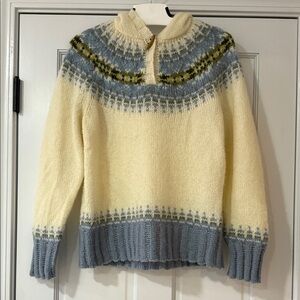 Eddie Bauer Sweater sz M Wool Mohair Blend Hooded Nordic Fair Isle ivory blue